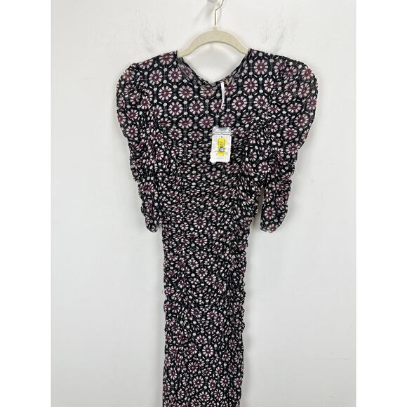Free People Brielle Midi Dress Mesh Ruched Floral Side Slit Black Combo XS NWT - Picture 5 of 11